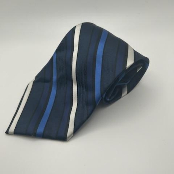 Clip on Tie Blue Black White Stripes - Picture 1 of 3